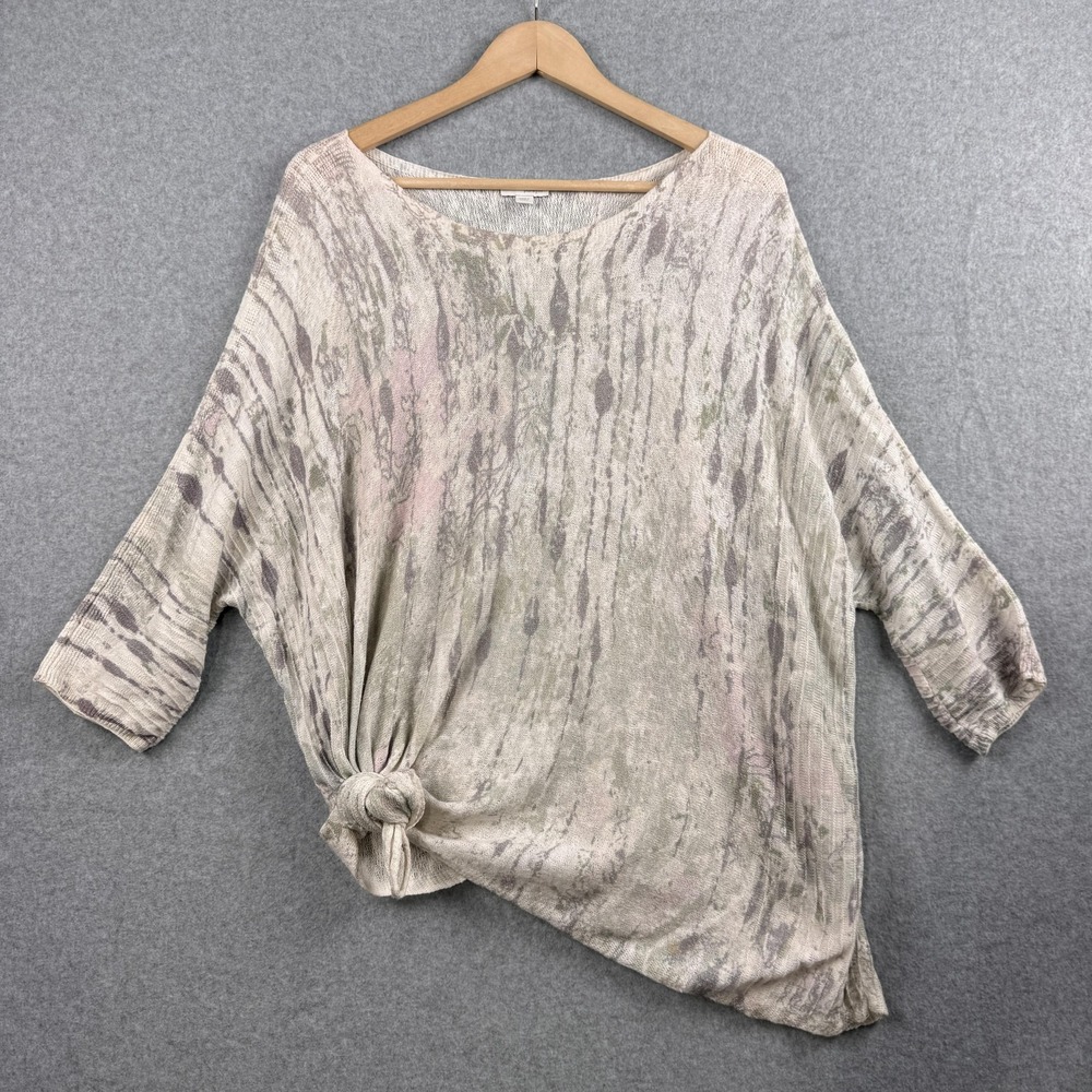 Pure Jill Sweater Womens Small Petite Cream Green Linen Blend Side Knot Boho Top